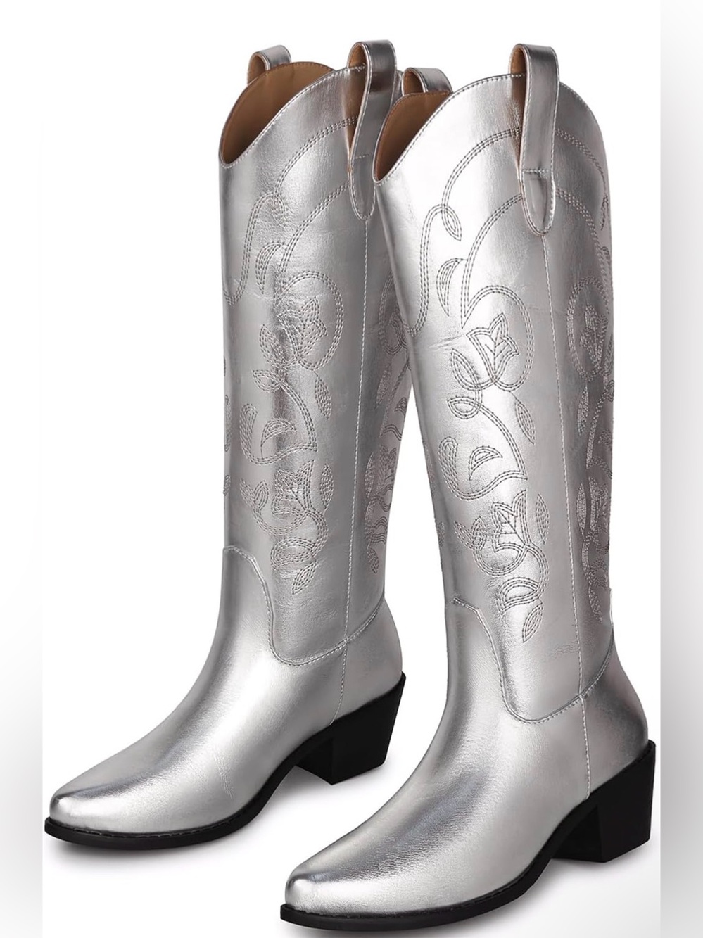Silver Metallic Women's Western Knee-High Cowboy Boots Size 40